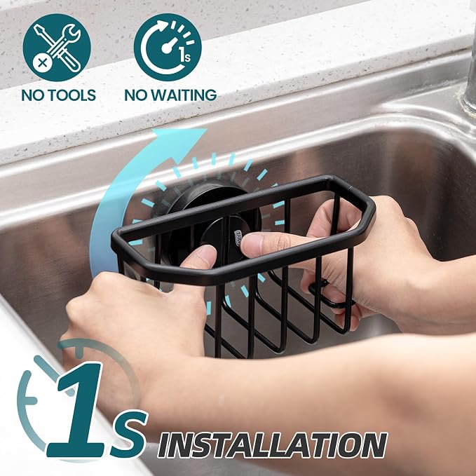 TAILI Sink Caddy with Strong Suction Cup, Sponge Holder for Sink-Black | for Kitchen Sink Organizer, Removable Sponge Caddy Inside Sink, Rustproof Aluminum Holder for Sponges, Brushes, Scrubber - Image 2