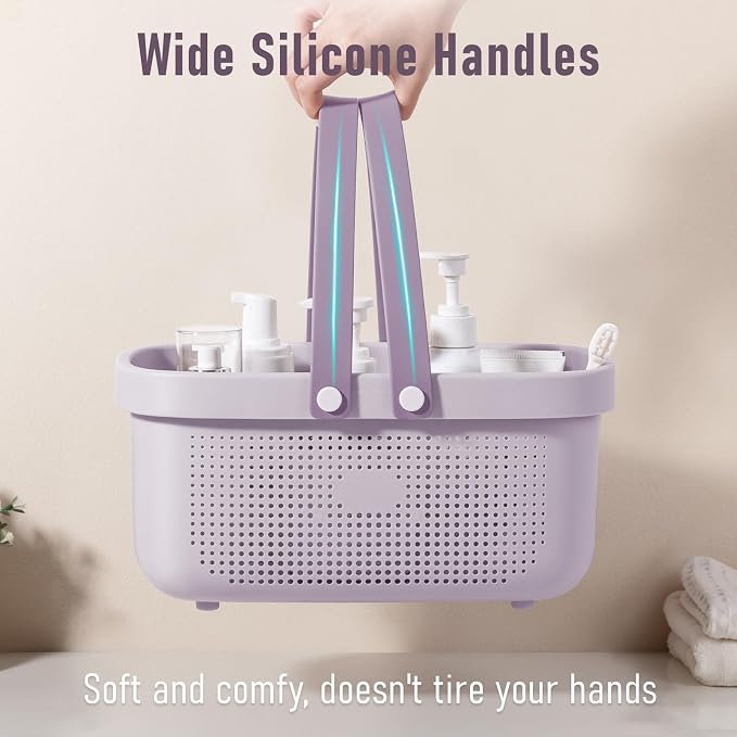 Portable Shower Caddy Basket with Handles Plastic Storage Basket ‌Purple | Sturdy Drainage Large Capacity Organizer Basket with Silicone Handles for Bathroom Kitchen Bedroom College Dorm Essentials - Image 5