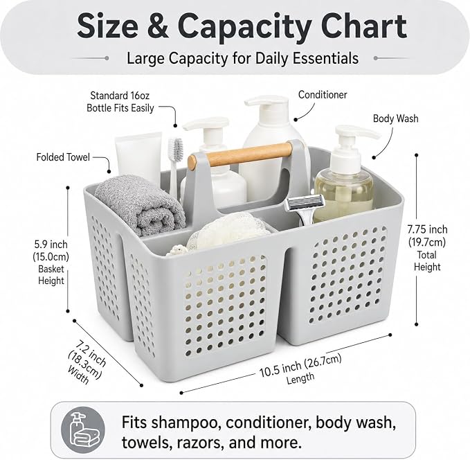 Portable Shower Caddy Basket with 3 Compartments and Handle, Light Gray | Plastic Divided Storage Caddy for Bathrooms, Apartments, Guest Rooms, Offices, Crafts and Under-Sink Organization - Image 2