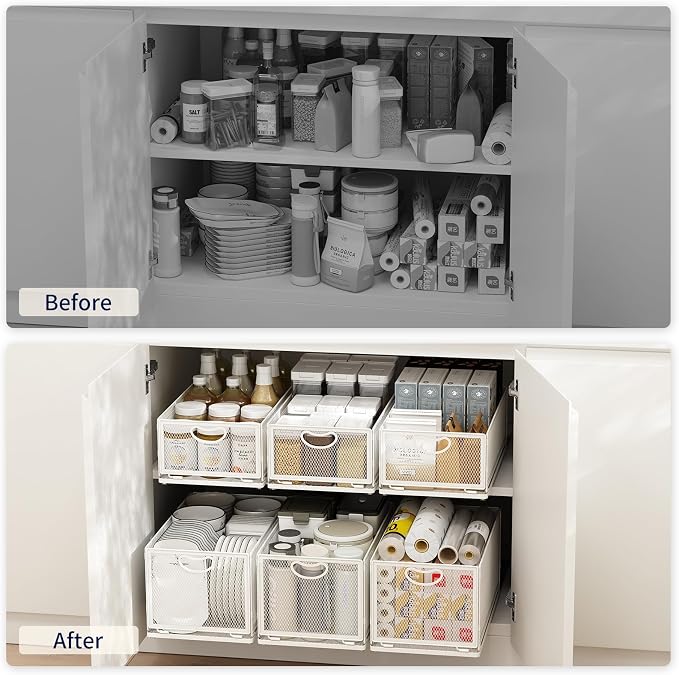 Pull Out Cabinet Organizer, No Drill Adhesive Sliding Drawers for Kitchen, Metal Mesh Wire Storage Shelf for Pantry & Under Sink, White (9.6" W x 15.7" D x 3.9" H) - Image 5