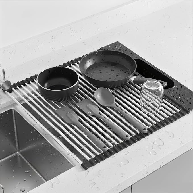 Roll Up Dish Drying Rack Over Sink, 17.5" x 15.2" Foldable SUS304 Stainless Steel Kitchen Dish Drainer, Heat-Resistant Multipurpose Rolling Sink Rack Organizer,Black - Image 6