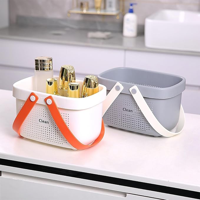 Portable Shower Caddy Basket with Handles Plastic Storage Basket Small Grey | Sturdy Drainage Large Capacity Organizer Basket with Silicone Handles for Bathroom Kitchen Bedroom College Dorm Essentials - Image 2