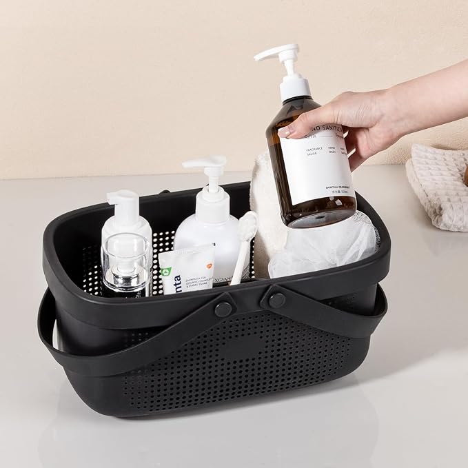 Portable Shower Caddy Basket with Handles Plastic Storage Basket Black | Sturdy Drainage Large Capacity Organizer Basket with Silicone Handles for Bathroom Kitchen Bedroom College Dorm Essentials - Image 5