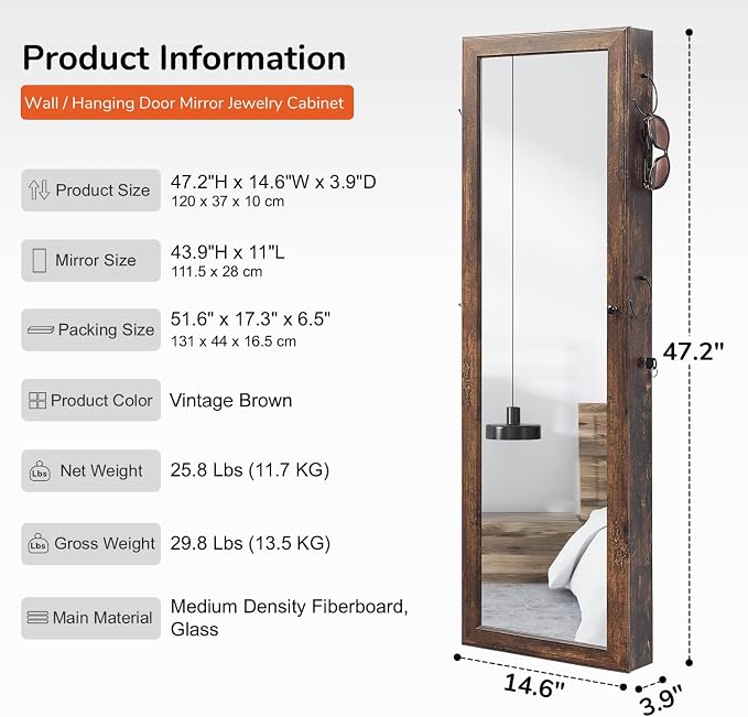 GISSAR Jewelry Mirror Armoire Wall Mount Over The Door Mirror Jewelry Cabinet Storage Mirror Organizer Lockable Full Length Door Mirror,Vintage Brown, GMJ2003V - Image 6