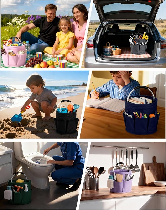 Cleaning Caddy with Handle, for Cleaning Supplies Organizer Bucket | Foldable Storage Tote with 6 Pockets,17L Large Capacity Basket for Household Organizer,Laundry Room,Bathroom & Home - Image 5