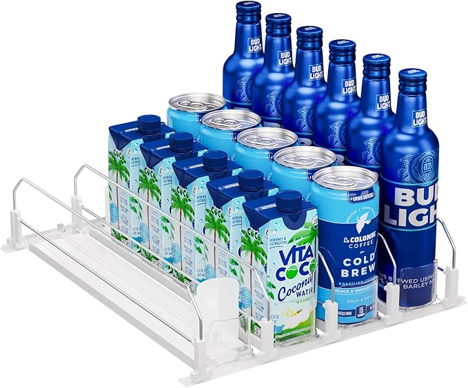 Puricon Drink Organizer for Fridge, Soda Can Organizer -4 Rows, White | Self-Pushing Spring-Loaded Drink Dispenser for Refrigerator, Holds Soda, Beer & Water Bottles Neatly in Rows by Puricon