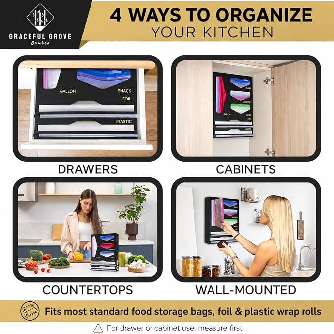 6-in-1 Bamboo Food Storage Bag Organizer for Drawer – Bag Organizer with Foil & Plastic Wrap Dispenser, Built-In Cutter, Holds Gallon Quart Sandwich Snack Bags, Black - Image 5