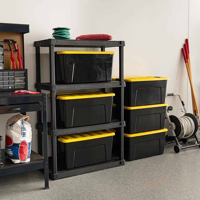 IRIS USA 6-Pack 72 Quart Storage Bins with Lids, Black/Yellow | Black finish conceals stored items. Perfect for moving, blankets, clothing, and garage storage. Nestable design saves space - Image 5
