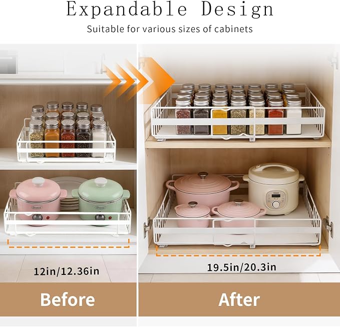 2 Pack Expandable Pull out Cabinet Organizer, Width (13"-21") 22" Deep Pull Out Drawers for Cabinets, Upgrade 3 Slide Rails Slide Out Drawers, No Drill Adjustable Roll Out Shelves (White) - Image 3