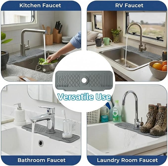 Silicone Faucet Handle Drip Catcher Beveled Drying Tray Mat Dish Soap Sponge Holder Accessories Gadgets for Kitchen Counter Bathroom Kitchen Sink Splash Guard (16.9") - Image 4