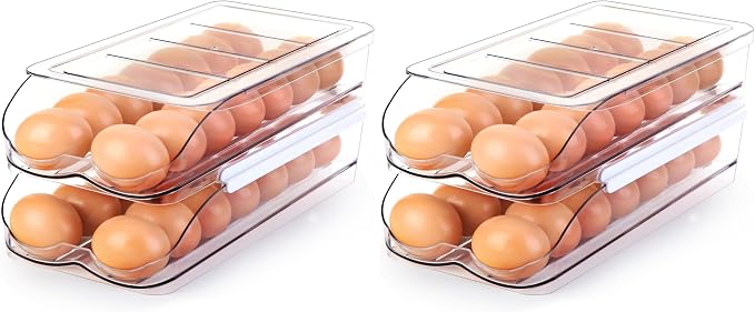 RoskDeewat Egg Holder for Fridge, Automatic Rolling Egg Container for Refrigerator, Stackable Fridge Organizers and Storage with Lid, Clear Plastic Egg Dispenser & Tray (2 Tier) (Pack of 2) by RoskDeewat