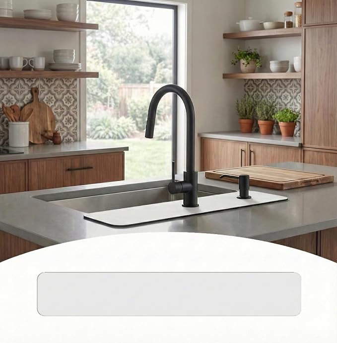 Customizable Kitchen Sink Faucet Mat: 24" Lx4 W Absorbent Splash Guard | Non-slip Fabric Rubber Mat, Cut to Fit Oval Rectangle Square Faucet & 2,3,4 Holes Irregular Sink with Soap Dispenser Air Gap by EazziSwitch