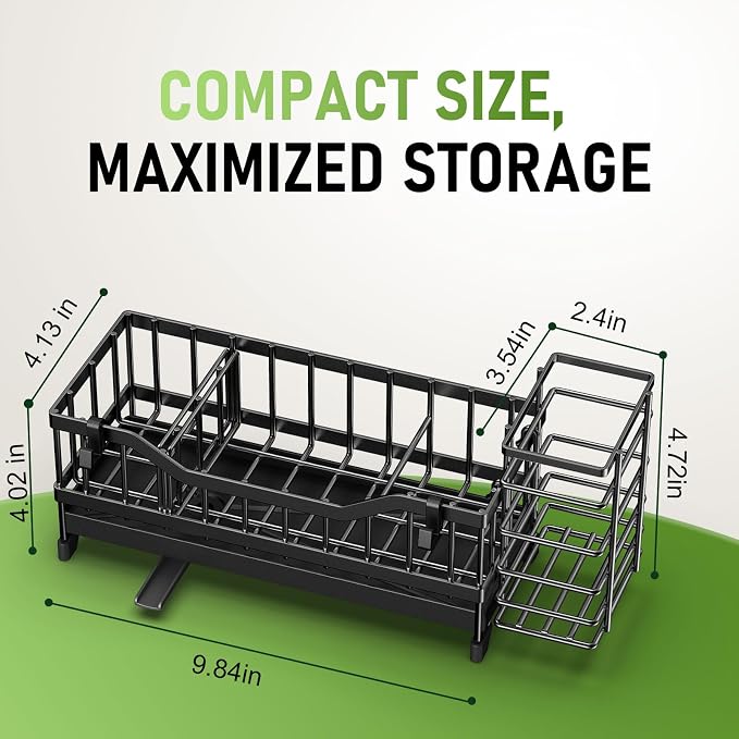 Sponge Holder for Kitchen Sink, Kitchen Sink Caddy with Long-Handled Dish Brushes Holder, 304 Rustproof Stainless Steel Countertop Organizers and Storage, Home Kitchen Sink Accessories (Black) - Image 2