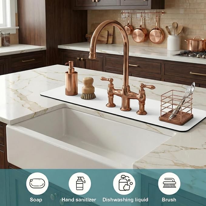 Customizable Kitchen Sink Faucet Mat: 24" Lx4 W Absorbent Splash Guard | Non-slip Fabric Rubber Mat, Cut to Fit Oval Rectangle Square Faucet & 2,3,4 Holes Irregular Sink with Soap Dispenser Air Gap - Image 8