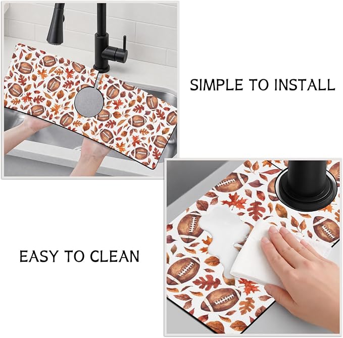 Fall Kitchen Sink Splash Guard Faucet Mat,Football Maple Leaf Autumn Thanksgiving Faucet Non-Slip Absorbent Mat,Farmhouse Sink Splash Guard Behind Faucet for Kitchen Bathroom, 15"x5.5" - Image 4