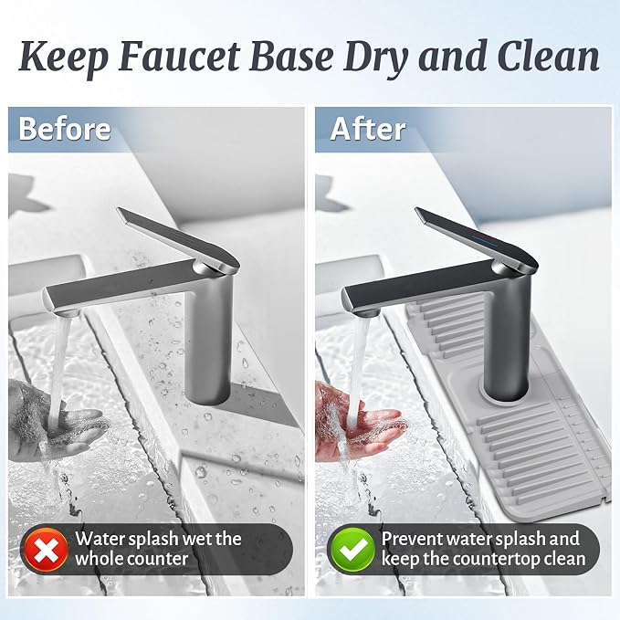 PoYang 14.6 Inch Faucet Mat for Kitchen Sink Splash Guard, Light Grey | Sink Protectors with 7° Slope for Smooth Drainage, Snap Button Holds It in Place, 90° Foldable & Cuttable Hole Fit Most Sinks - Image 6