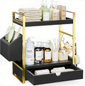 2-Tier Bathroom Counter Organizer, Wooden Vanity Shelf with Drawer & Basket | Pre-Drilled Holes, Skincare & Makeup Countertop Organizer and storage, Black-gold by Unknown