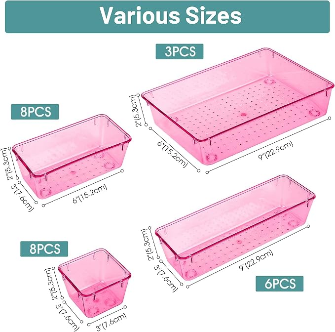25 PCS Plastic Drawer Organizer Set, Makeup Organizers and Storage Bins | 4 Sizes Desk Drawer Divider Organizers and Storage Bins for Jewelry, Gadgets for Kitchen, Bedroom, Bathroom, Clear Pink - Image 2