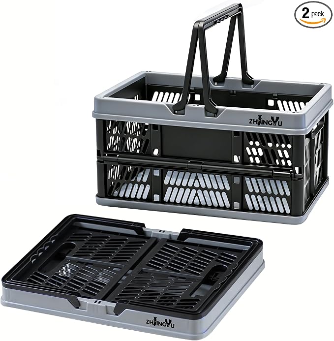 20L Plastic Basket with handles,2-pack Black Collapsible crates for storage | 14.96"x9.84"x7.87" foldable shopping basket ,foldable crate with Handles for car Classroom Kitchen Bathroom Medicine Milk by ZHJINGYU