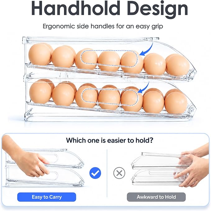 SMRCAD 24-Egg Dispenser with Silicone Bumpers, Auto-Rolling, Stackable | BPA-free food-grade PET | Stackable with lid | Built-in handle | Fits Large to Jumbo Eggs | Hand wash only - Image 7