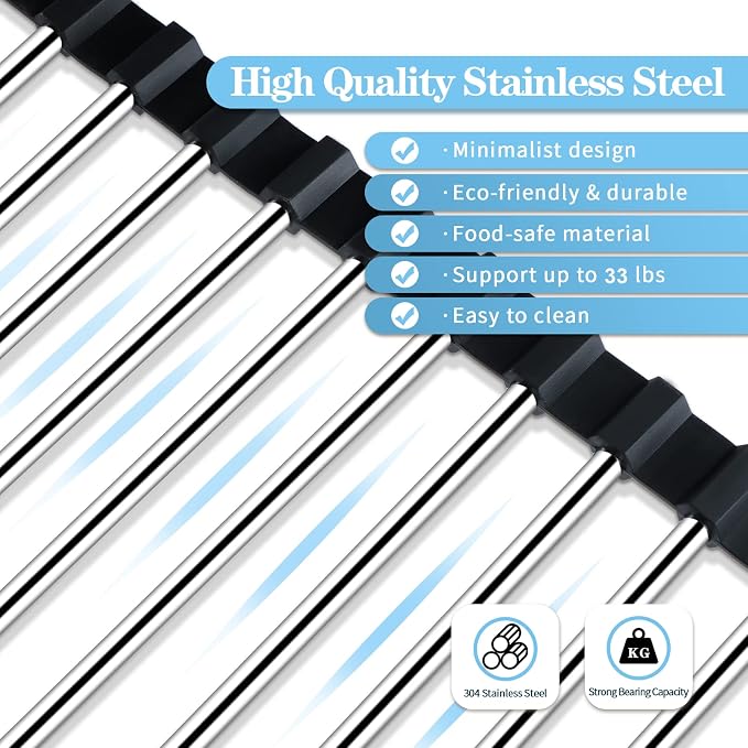 Seropy Roll Up Dish Drying Rack Over The Sink for Kitchen Sink Drying Rack Folding Dish Drainer Mat Rolling Dish Rack Sink Rack Stainless Steel Kitchen Dry Rack Black 17.5x15.7 Inch - Image 4