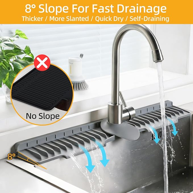 24" Silicone Sink Mat for Kitchen(Released in 2026), Grey | 8° Slope for Quick Self-draining, Sink Splash Guard Behind the Faucet, Narrow Water Splash Guard, for Kitchen&Bathroom Area - Image 3