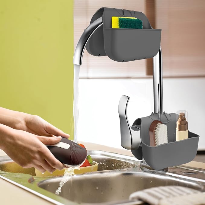 Sponge Holder for Kitchen Sink, Silicone Sink Saddle Caddy Organizer Rack, Sponges Holder Over Faucet, Hanging Kitchen Organizer Accessories Rack Basket Dark Gray - Image 7