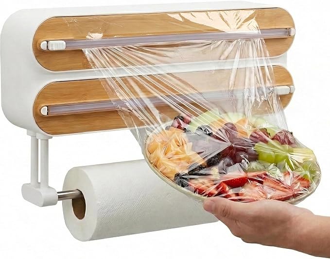 Kitchen Plastic Wrap Dispenser with Cutters Organizer, 3 in 1 Magnetic Foil and Plastic Wrap Organizer with Paper,Sliding Cutter, Fridge Or Wall Mount Storage by WELTOKE