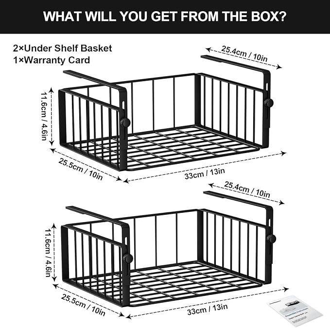 AmonHouseware 2Pack Under Shelf Basket Storage,Adjustable Hanging,Black | Under Cabinet Shelf Add-on, Slide-in Baskets,Organizer for Laundry Room Kitchen Pantry Desk Bookshelf Counter Cupboard - Image 6