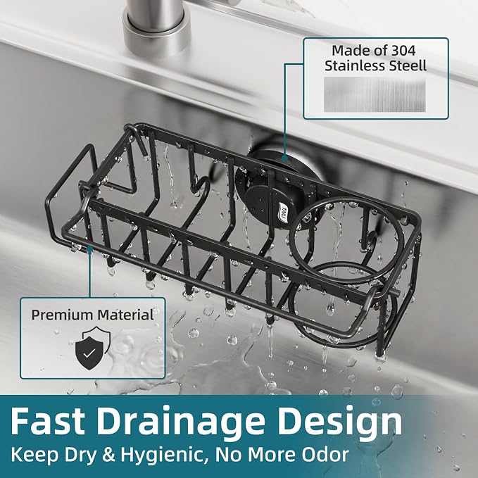TAILI 4-in-1 Sink Caddy for Kitchen Sink with Strong Suction Cup-Black | Removable Sponge Holder for Kitchen Sink Organizer, Rustproof 304 Stainless Steel Holder for Sponge, Brush, Scrubber, Scraper - Image 4