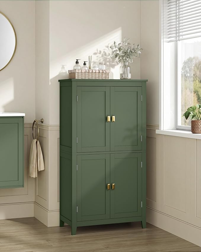 SONGMICS HOME Freestanding Storage Cabinet, Floor Cabinet with Elevated Legs, Metal Handles, for Living Room, Kitchen, Bathroom, Green - Image 7