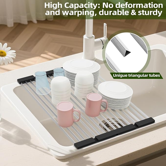 GAViA Roll Up Dish Drying Rack, Foldable Over The Sink Dish Drying Rack | 17.3" x 13", Non-Slip,Heat-Resistant, Anti-Rust,Stainless Steel Sink Drying Mat,Dish Drainer,Sink Cover, All-in-one, Black - Image 3