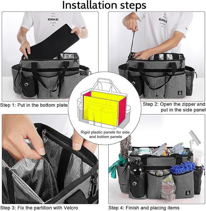Large Cleaning Caddy Bag Built-in hard plastic sheet Aluminum foil lining | Waterproof nylon, aluminum foil lining, detachable dividers, dual straps for housekeepers - Image 7