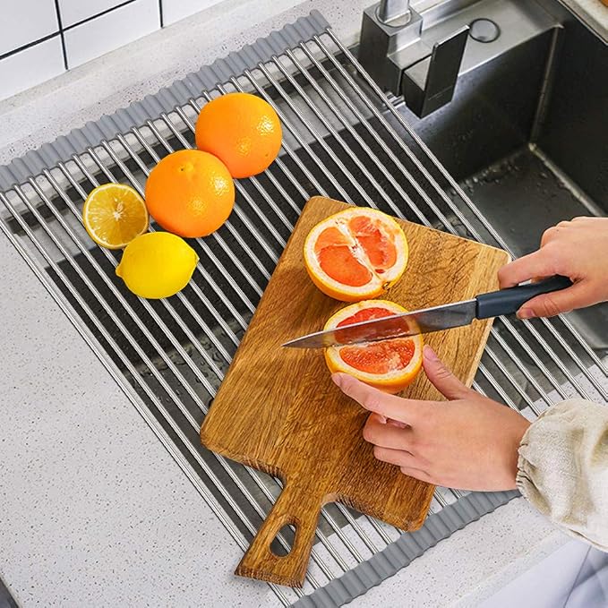 SunCleanse Roll-Up Dish Rack 17.8" x 15" Grey Over Sink Drainer Foldable | Multi-use stainless steel, foldable, for countertop, space-saving, easy to clean and non-slip - Image 7