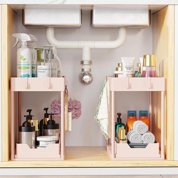 Simple Trending Under Sink Organizer 2 Pack, with Sliding Drawer, Pink | 2-Tier Multi-Use Under Shelf Organizer with Hooks, Sink Pull-Out Sliding Storage Cabinet for Kitchen Bathroom, Easy Assembly - Image 7