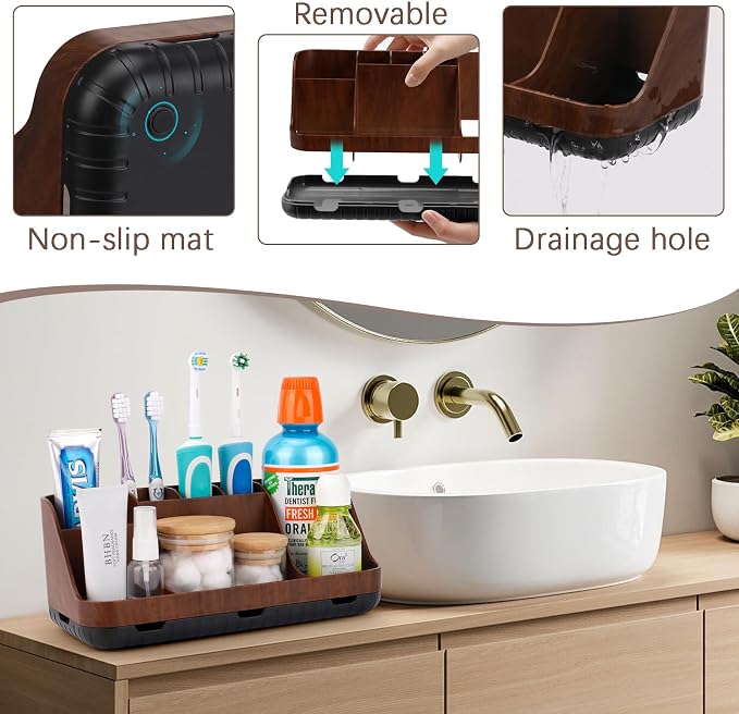 GFWARE Wood Toothbrush Holders for Bathroom Organizer with Drain Holes | Detachable 7 Slots Kid Electric Toothbrush and Toothpaste Holder, Bathroom Sink, Caddy, Tray, Vanity Storage Wood-Look, Brown - Image 5