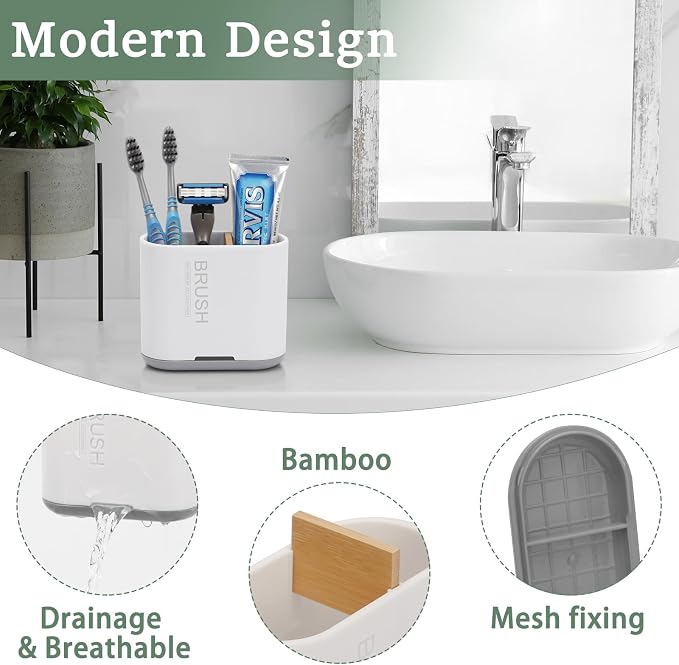 2 Pack Toothbrush Holders for Bathrooms,White, Bathroom Accessories | 2 Slots, Easy to Clean, Plastic, Kids Electric Toothbrush, Drainage, Removable, For Bathroom, Vanity, Kitchen Sink, Office - Image 2