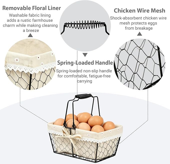 Farmhouse Vintage Metal Wire Chicken Egg Basket with Handle, Square Storage Basket with Removable Linen Liner, Decorative Countertop Organizer for Gathering Fresh Eggs, Fruits and Vegetables - Image 4