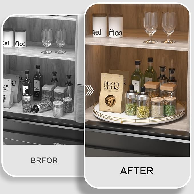Oroyutor 18-Inch Large Oak Lazy Susan Organizer, Gold and White | Oak wood base, smooth 360-degree rotation and gold-and-white design for dining tables, kitchen counters and spice storage. - Image 7