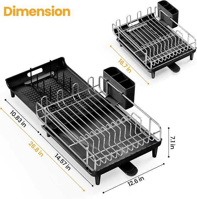 TOOLF Expandable Dish Drying Rack for Kitchen Counter, Black | Collapsible 16.7"-26.8", Stainless Steel Dish Dryer Rack Drainer for RV, Apartment, with Cutlery Holder, Fits for 3-4 People - Image 7
