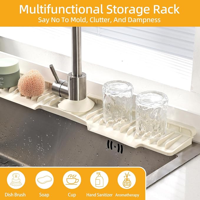 24" Silicone Sink Mat for Kitchen(Released in 2026), 2 PCS Beige | 8° Slope for Quick Self-draining, Sink Splash Guard Behind the Faucet, Narrow Water Splash Guard, for Kitchen&Bathroom Area - Image 6