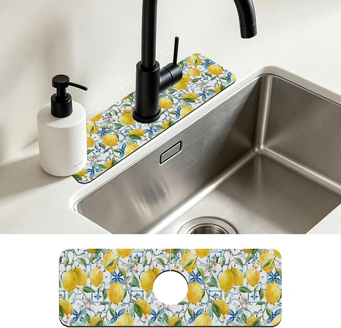 Faucet Mat for Kitchen Sink Watercolor Lemon Blue Geometric Sink Splash Guard Behind Faucet Soft Diatom Mud Material Non-slip Easy to Clean for Bathroom & Kitchen 15"X5.5" by Unknown