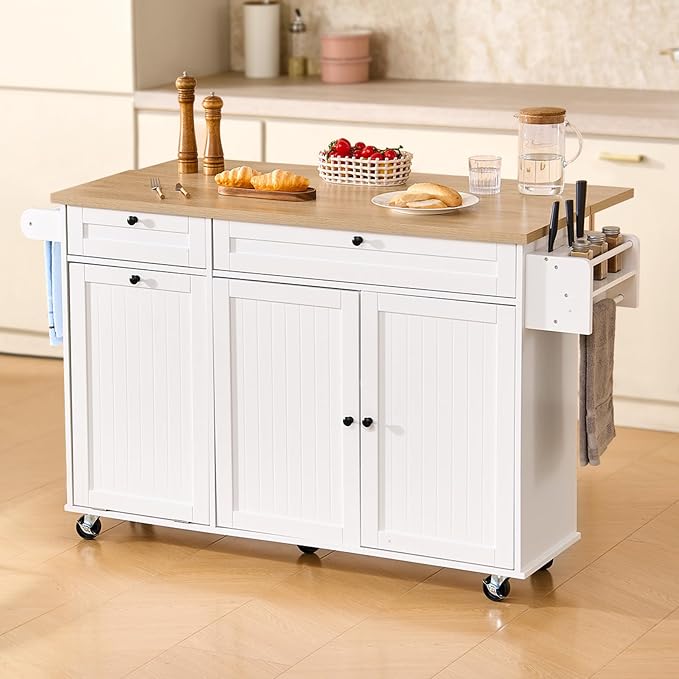 VEVOR Kitchen Island Cart with Storage, 60in Wide Mobile Kitchen Cart with Wheels, Drop Leaf, 2 Drawers, Trash Can Cabinet, Knife Holder, Spice Rack, and Towel Rack, Table for Dining Room, Pantry - Image 8