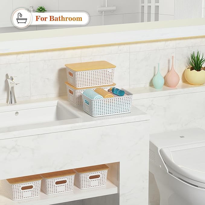 Ohmlove 6 Pack Plastic Storage Baskets with Bamboo Lids for Organization | Stackable Storage bins, Storages Baskets for Organizing Shelves Drawers Desktop Closet Playroom Classroom Office, Cream White - Image 6