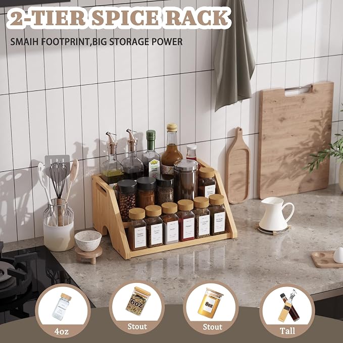 Bamboo Spice Rack Organizer -3-Tier Spice Rack for Countertop,Cabinet Spice Rack Organizer for 18 Spice Jars(4oz)，Step Shelf(Yellow) - Image 5
