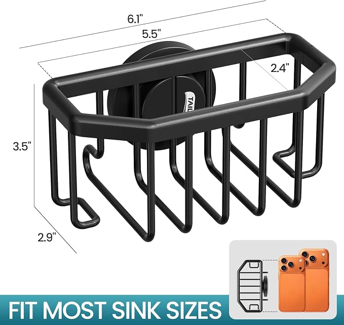 TAILI Sponge Holder for Kitchen Sink with Suction Cup-Black Aluminum | Rustproof Aluminum Sink Caddy for Sponges,Brushes,Stoppers & Scrapers,Removable Ventilated Quick-dry Design, holds Up 11lbs - Image 3
