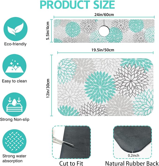 Dish Drying Mat for Kitchen Counter Matt, 2PCS 19"x12" Dish Drainer Mat & 24"x5.5" Sink Splash Guard, Super Absorbent Non-slip Rubber Backed - Image 2
