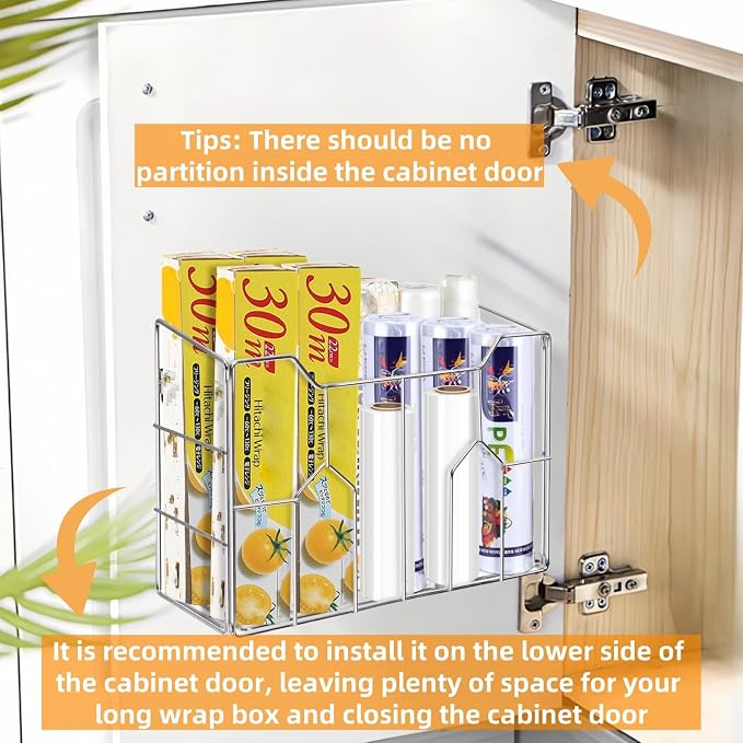 Cididu 2 Pack Kitchen Wrap Organizer Rack Wall Mount, Cabinet Door Organizer Storage, Wall Rack Basket Sturdy Steel Wire, Tall Inside Cabinet Holder for Aluminum Foil Plastic Wrap Wax Paper - Image 5