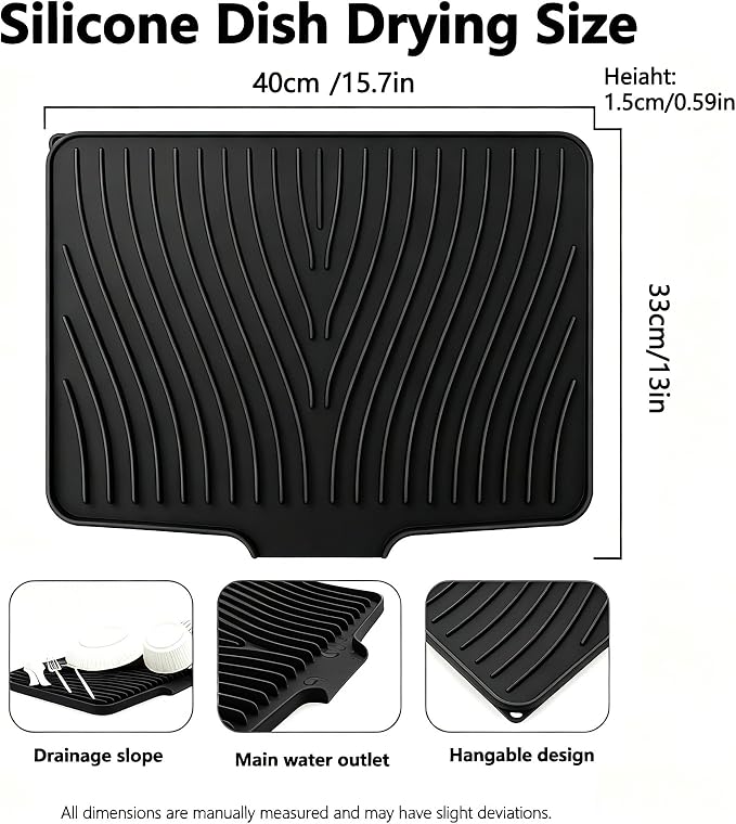 Silicone Dish Drying Mat,15.7"*13 "Dish Drying Pad,kitchen accessories,with Built-In and Non-Slip Drain,easy Clean, fit for kitchen, Bar, RV, Refrigerator and Drawer Liner, Black - Image 2