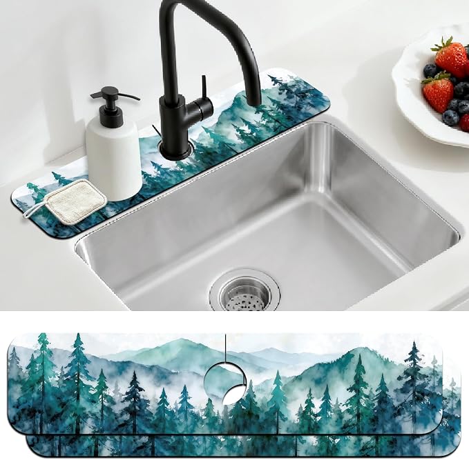 2 Pcs Kitchen Sink Splash Guard Faucet Mat Watercolor Forest Pattern Faucet Mat for Sinks Absorbing Drying Mat for Kitchen Bathroom, 23.6x5.5inch by CONCHLERY%E6%97%97%E8%88%B0%E5%BA%97